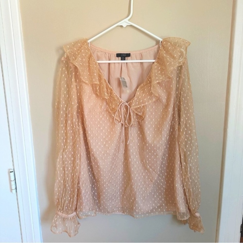 NWT J. Crew Ruffleneck Clip-dot Top Bow Detail Cream Sheer Long Sleeve size XL